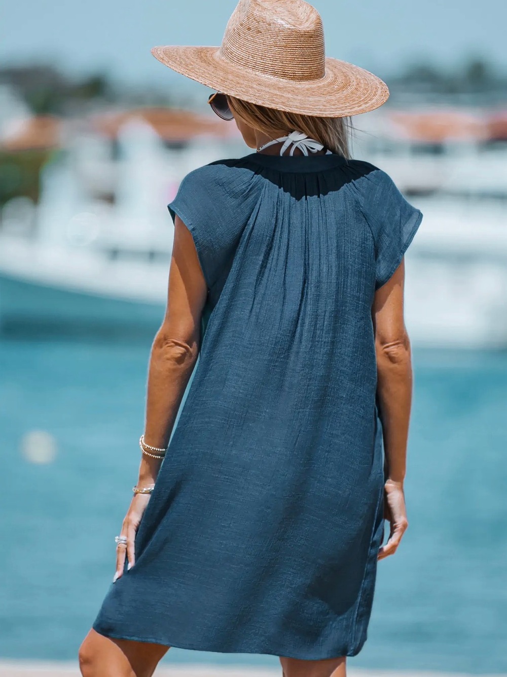 Cupshe Teal V-Neck Short Capped Sleeve Beach Cover-Up Dress - Picture 2 of 5